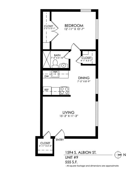 A floor plan of an apartment with a living room, dining room, bathroom and bedroom.